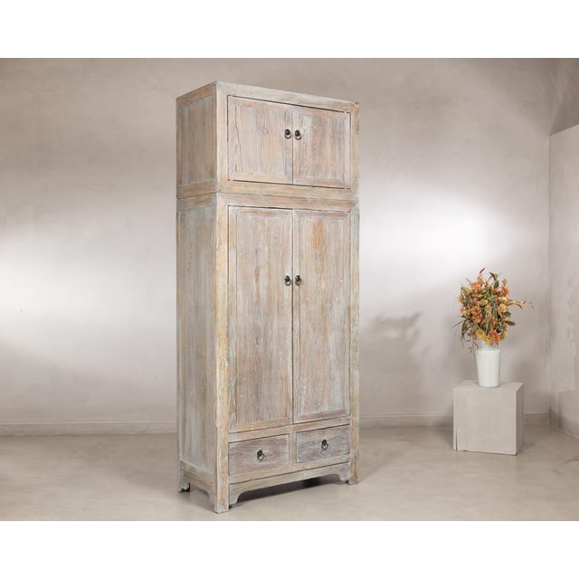 Vintage Chinese Whitewashed Elm Compound Cabinet, Mid-20th Century For Sale - Image 4 of 17