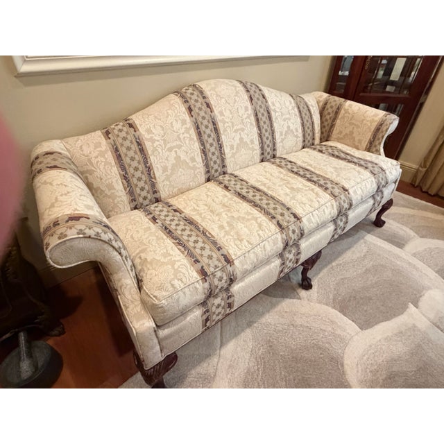 Vintage Traditional Chippendale Style Damask & Striped Camelback Sofa With Claw and Ball Feet For Sale - Image 4 of 6
