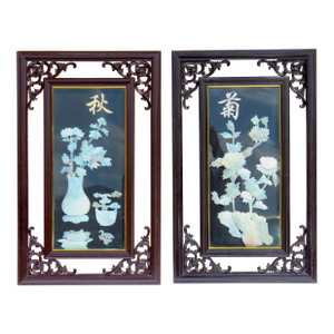 Vintage Chinese Mother-of-Pearl Inlay Chrysanthemum Wall Panels – Ornate Carved Wood Frames – Chinoiserie Asian Decorative Art (Pair)