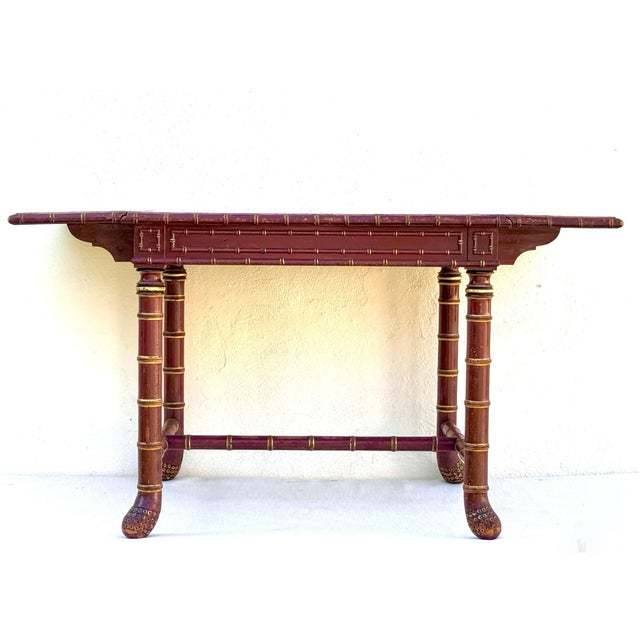 Chinoiserie Antique Warm Red Lacquer and Gilt Chinoiserie French Table / Writing Desk For Sale - Image 3 of 12