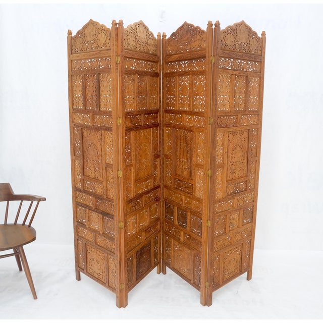 Fine Asian Carved Teak 4 Panels Screen Room Divider Mint! For Sale - Image 10 of 11
