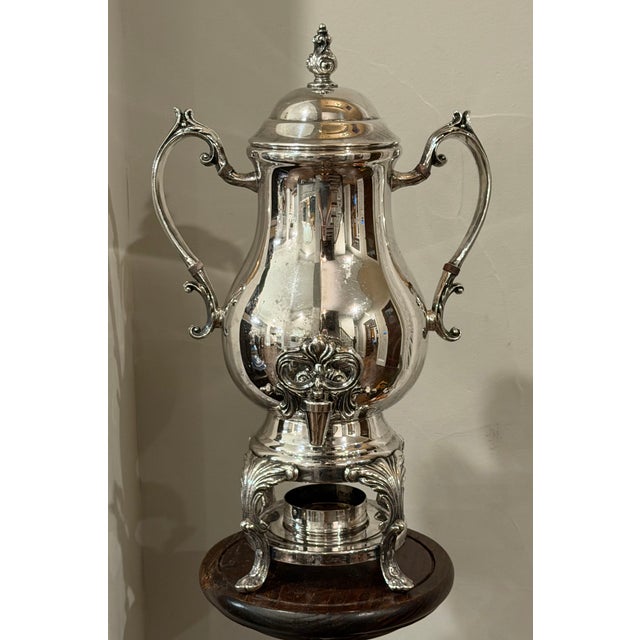 F.B. Rogers Silver Co. Vintage F B Rogers Silverplate Coffee Urn Samovar With Burner For Sale - Image 4 of 10