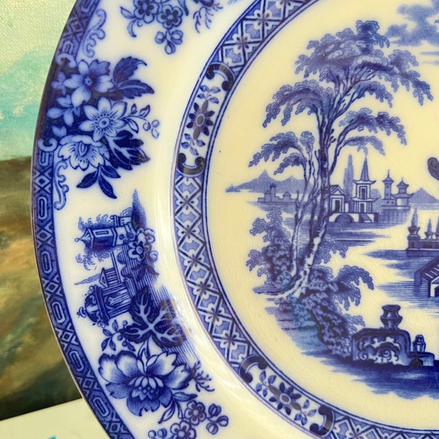 Ceramic Antique Flow Blue Doulton Burslem 10 1/2 Plate "Madras" Pattern For Sale - Image 7 of 9