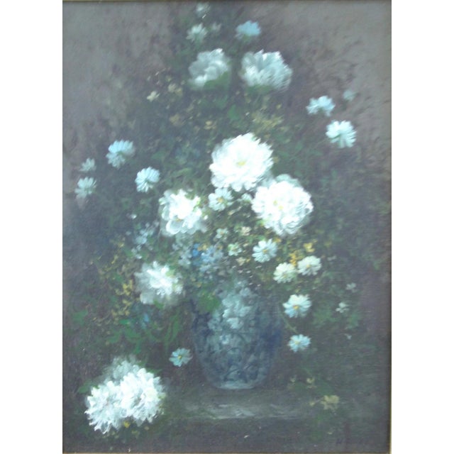 1902 Oil Painting Chrysanthemums and Daisies in Glass Vase Carved Gold Wood Frame H. Ovide Cornwall, England For Sale - Image 4 of 12