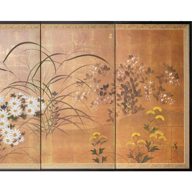 "Autumn Flowers", 1970s Showa Era Japanese Painted Byobu Screen For Sale - Image 4 of 18