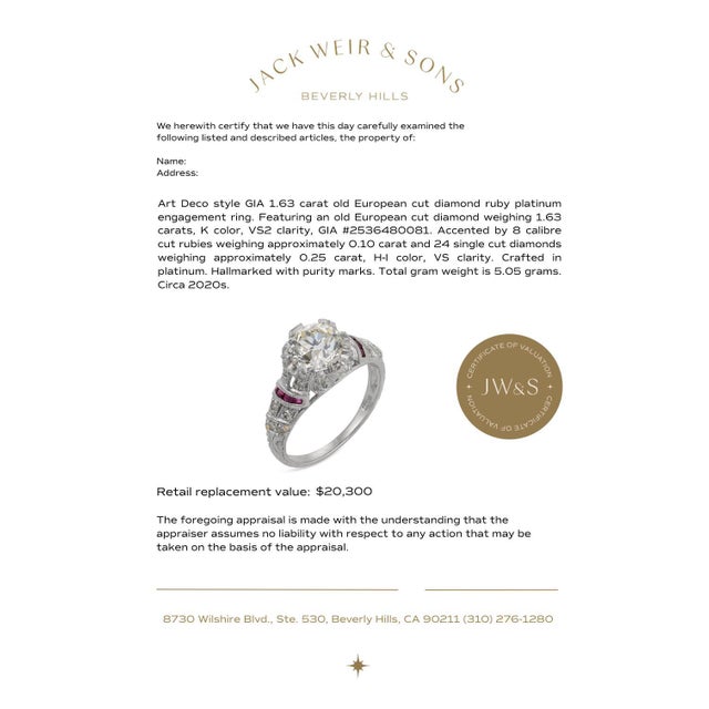 Platinum Art Deco Style Gia 1.63 Old European Cut Diamond Ruby Platinum Engagement Ring, Size 6.75 For Sale - Image 8 of 8