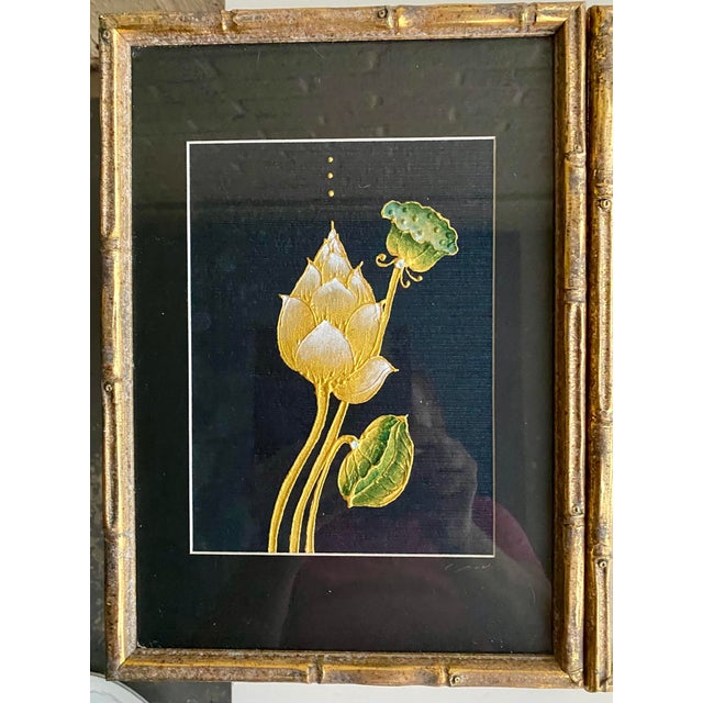 Gold Vintage Lotus Botanical Prints, Gold Faux Bamboo Frames – Set of 3 For Sale - Image 8 of 12