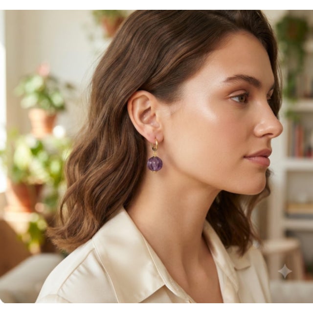 Metal Natural Amethyst 8.45cts & Emerald 0.10cts Earring in 14k Gold For Sale - Image 7 of 8
