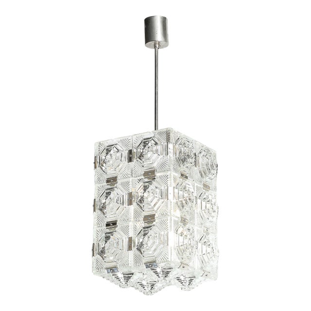 Mid-Century Glass & Chrome Fitted Rectangular Pendant Chandelier by Kinkeldey For Sale