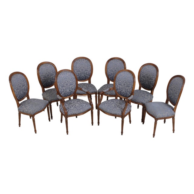 Set of 8 French Louis XVI Upholstered Dining Room Chairs For Sale