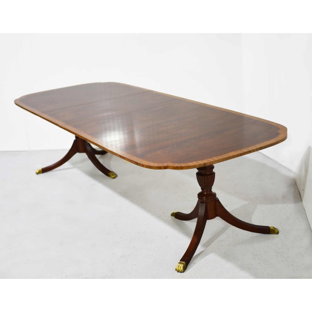 Mid Century Flame Mahogany Banded Dining Table With Extensions 116in For Sale - Image 4 of 12