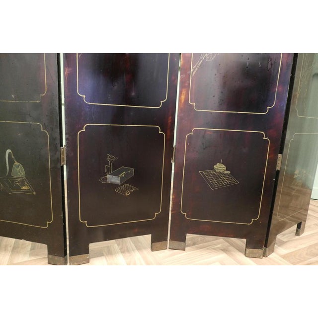 Japanese Lacquered and Painted Folding Screen, 1930s For Sale - Image 3 of 12