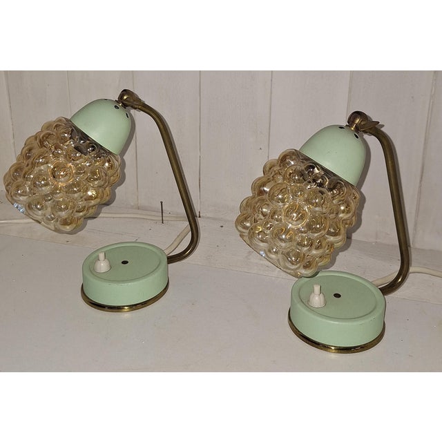 Mid-Century Bedside Lamps with Blue-Green Lacquered Metal Frames, Brass Archs and Amber Bubble Glass Shades, 1960s, Set of 2 For Sale - Image 4 of 12
