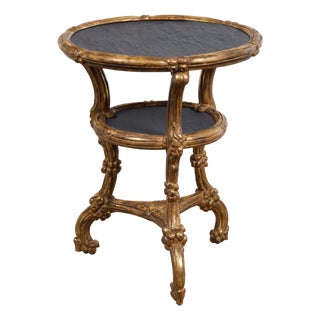 Italian Carved Giltwood Side Table with Slate Top, Shelf and Floral Motifs For Sale