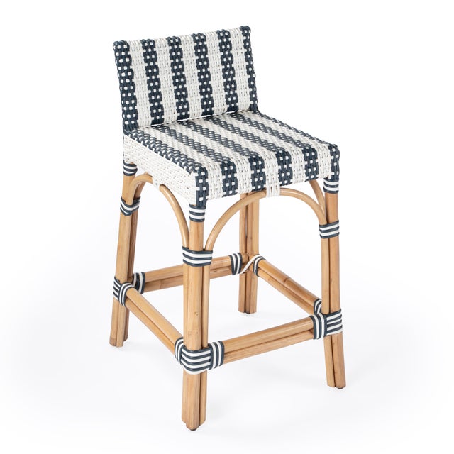 Transitional Serienna 24.5 in. Seat Height Rectangular Rattan Low Back Counter Stool, White/Navy Stripe/ Natural Rattan Frame For Sale - Image 3 of 11
