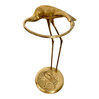 Brass Crane with Repousse Fish Base Umbrella Stand For Sale