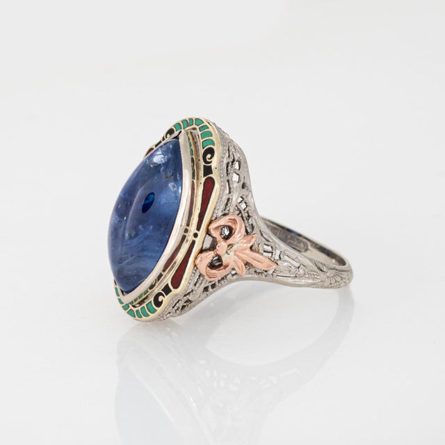 Vintage Art Deco Ring Natural Ceylon Sapphire Enamel Cocktail 14k Gold Filigree, Size 5.25 For Sale - Image 4 of 7