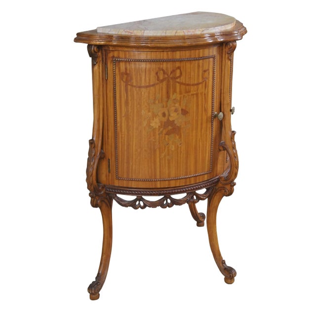 Antique French Neoclassical Louis XV nightstands or side accent tables. Made of satinwood featuring half round form with...