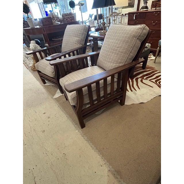 Incredibly handsome pair of classic warm oak Morris style Arts and Crafts armchairs newly upholstered in sublime soft grey...
