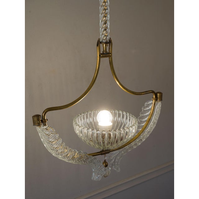 Vintage Italian Art Deco Brass Chandelier with Glass Leaves attributed to Ercole Barovier for Barovier&Toso, 1940s For Sale - Image 4 of 14