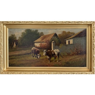 Antique Oil Painting on Canvas Cows Farm Landscape Pastoral Scene Signed Framed For Sale