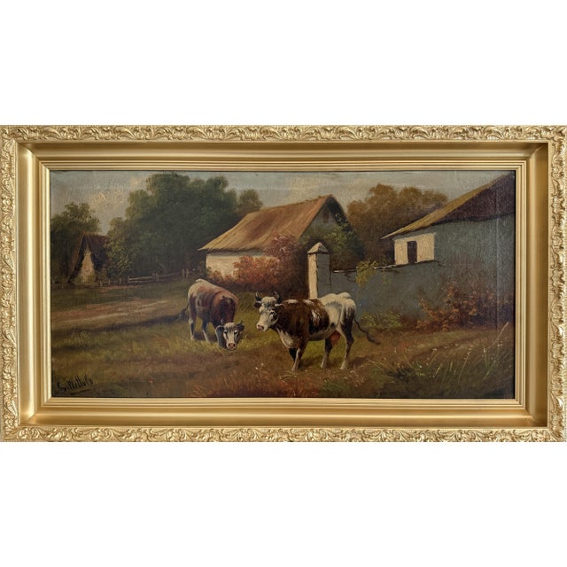 Antique Oil Painting on Canvas Cows Farm Landscape Pastoral Scene Signed Framed For Sale