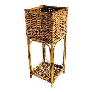 Vintage Rattan and Bent Bamboo Two-Tiered Plant Stand For Sale