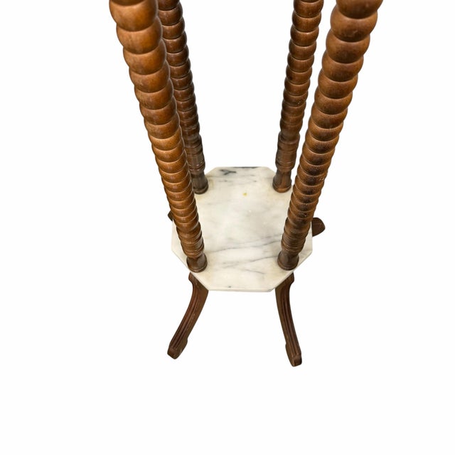 Vintage Marble and Wood Spool Leg Pedestal, Plant Stand For Sale - Image 4 of 9