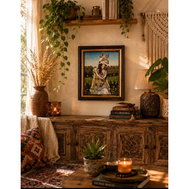 A captivating and whimsical folk art portrait by Juan Gomez, featuring a young woman adorned in an elaborate feline...