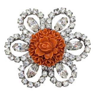 Vintage 1950s Signed Kramer Carved Faux-Coral & Clear Rhinestone Brooch For Sale