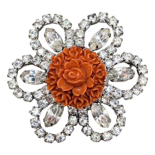 Vintage 1950s Signed Kramer Carved Faux-Coral & Clear Rhinestone Brooch For Sale