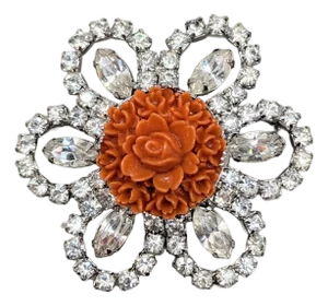 Vintage 1950s Signed Kramer Carved Faux-Coral & Clear Rhinestone Brooch