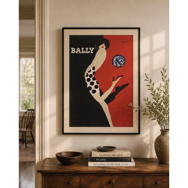 An original vintage “Bally” advertising poster designed by celebrated French graphic artist Bernard Villemot (1911–1989),...