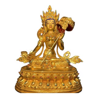 Vintage Gilt Bronze Figure of White Umbrella Goddess With Gemstone Inlay For Sale