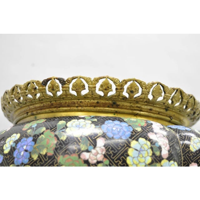 Antique Chinese Black Cloisonne Enamel Butterfly & Flower Bronze Cachepot Vase For Sale - Image 4 of 12