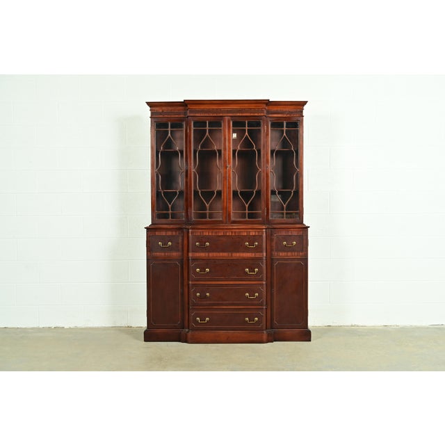 Baker Furniture Style Georgian Banded Mahogany Breakfront Bookcase Cabinet With Drop Front Secretary Desk For Sale - Image 15 of 15