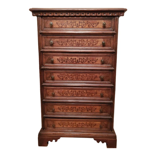 Italian Walnut Marquetry Inlaid Men's Semainier Tall Chest of Drawers For Sale