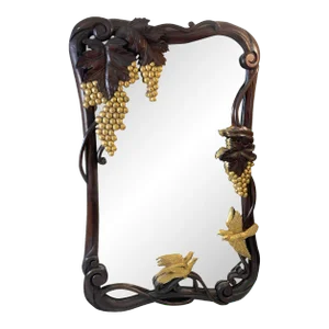 1910s Art Nouveau Carved Wood Mirror With Gilt Grapes & Birds