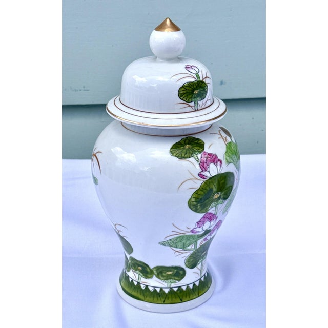 Japanese Vintage Lidded Jar With Lotus Motif For Sale - Image 3 of 12