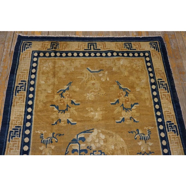 1800s Yellow Gold Medallion Antique Chinese Ningxia Carpet 4'10" X 6'10" Knotted Pile Wool Rug For Sale - Image 4 of 10