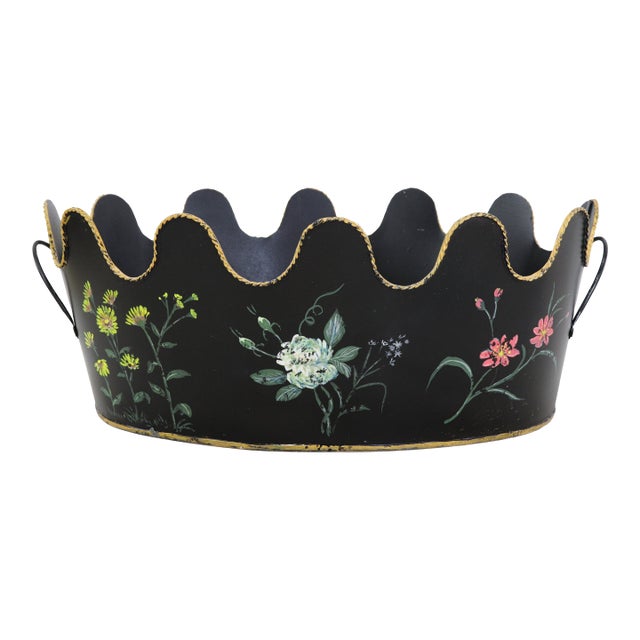 Vintage Hand-Painted Floral Toleware Scalloped Planter – Black and Gold Metal Cachepot For Sale
