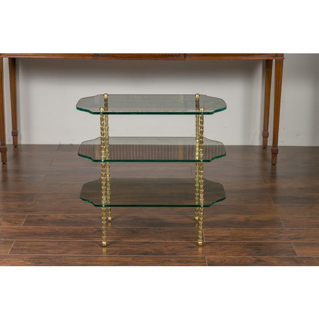 Mid 20th Century Brass Three-Tiered Table with Glass Shelves and Foliage Motifs For Sale - Image 4 of 12