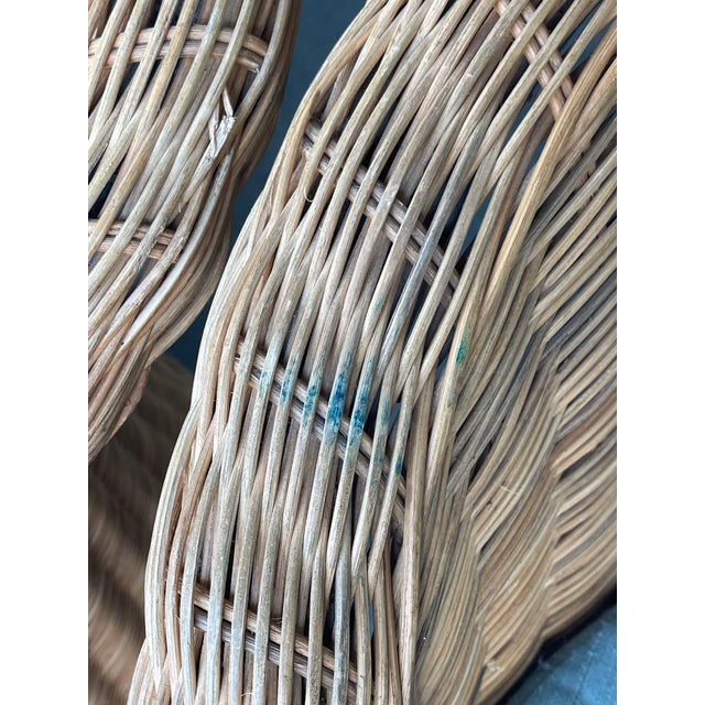 Vintage Organic Modern Wicker Pedestal Dining Table & 4 Barrel Chairs, 48” Glass Top For Sale - Image 11 of 17