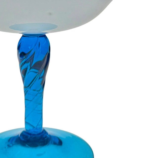Mid-Century Modern Mid-20th Century Empoli-Style Opaline Glass Compote With Hand Blown Blue Glass Stem and Foot For Sale - Image 3 of 4