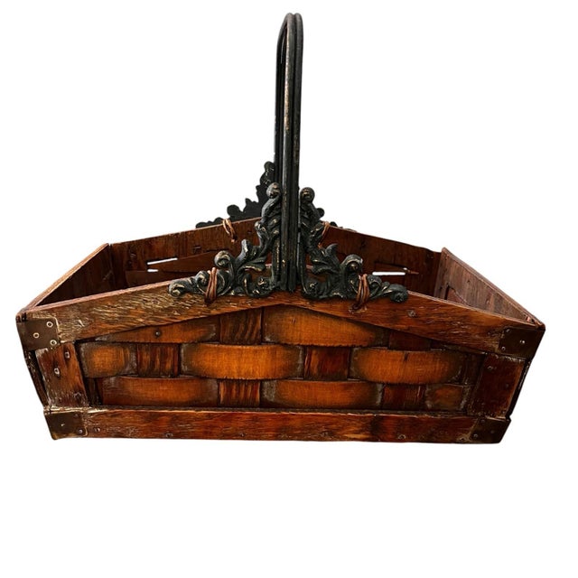 Farmhouse Vintage Rustic Wood Basket Wrought Iron Handle Farmhouse Primitive For Sale - Image 3 of 7
