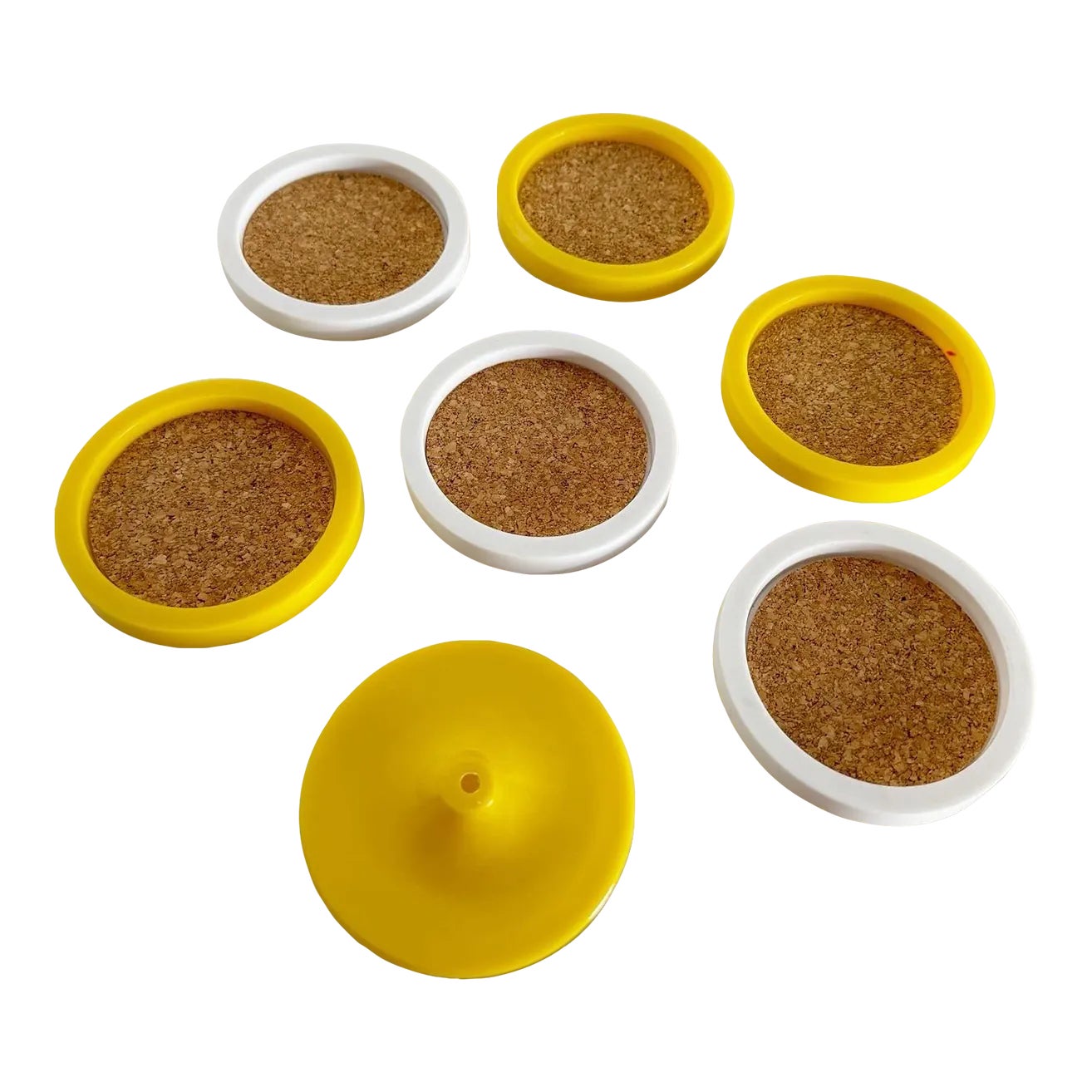 Vintage Retro Plastic and Cork Yellow and White Stacking Coasters With ...