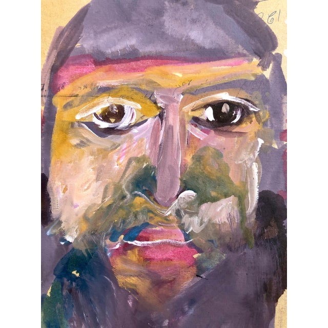 This is a signed portrait painting done in an outsider, folk art, expressionist style. it is signed in Hebrew, also marked...