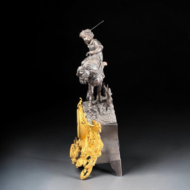 French Gilt-Bronze and Patinated Bronze Figural Mantel Clock with Equestrian Boy from Les Japy Fils, 1850s For Sale - Image 4 of 18