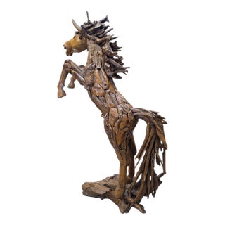 Vintage Rustic Life-Size Teak Root and Driftwood Rearing Horse Sculpture For Sale
