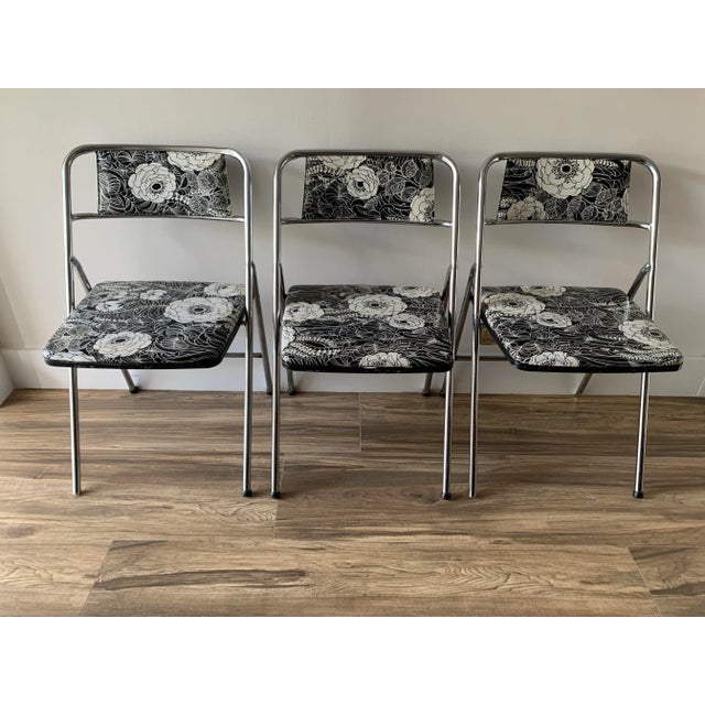 Vintage Cosco Folding Chairs Chrome With Black & White Flowers Set of